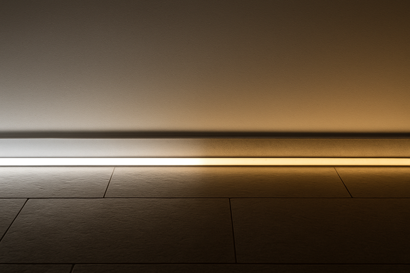 A photo showing a long LED strip installation where the start is bright white and the end is visibly dim and yellowish