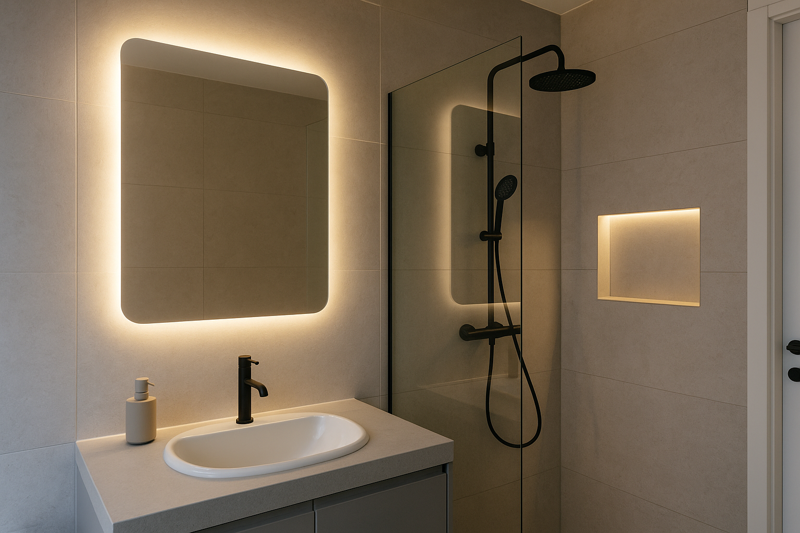 A modern, clean bathroom with a backlit mirror and a shower niche, both glowing with light from waterproof LED strips that are clearly protected from water.