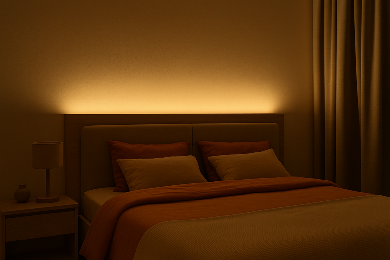 A bedroom with soft, warm 2700K light coming from a headboard feature, creating a serene and relaxing environment perfect for winding down.