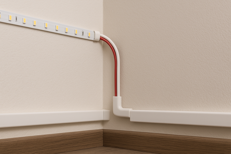 A tidy installation showing wires neatly managed in a raceway running along a wall corner, connecting a strip to a hidden power supply.