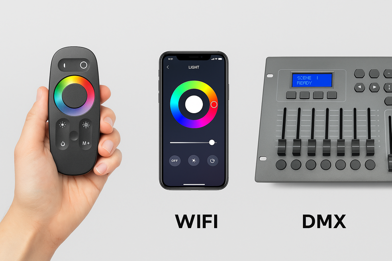 A composite image showing three distinct control methods: a hand holding a sleek RF remote, a smartphone displaying a lighting control app, and a professional DMX lighting control console