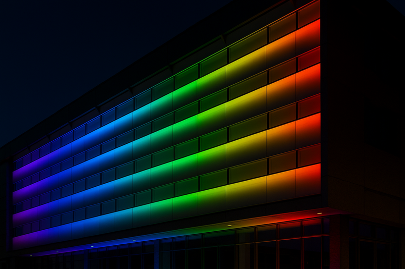 A stunning photo of a modern building facade at night, lit with a dynamic, synchronized rainbow color wave effect, all controlled by a DMX system.