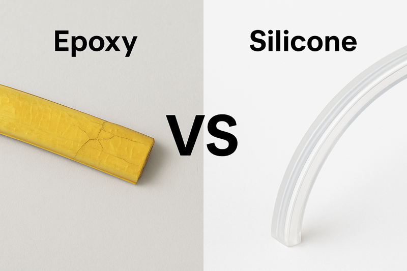 A comparison photo. On the left, a yellowed and cracked piece of an epoxy-coated LED strip. On the right, a crystal-clear and flexible piece of a solid silicone extrusion LED strip.