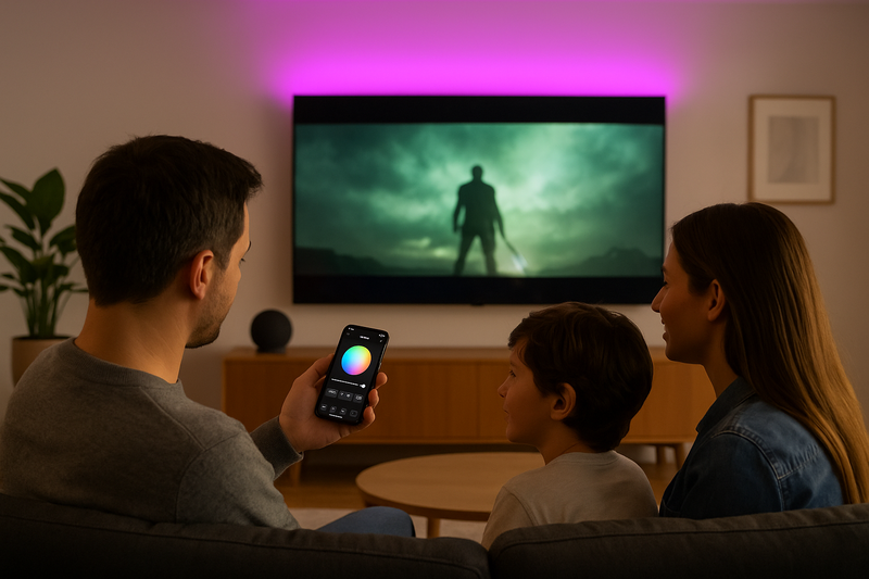 A family in their living room, with the father changing the color of the cove lighting using a smartphone app to match the movie they are watching on TV.