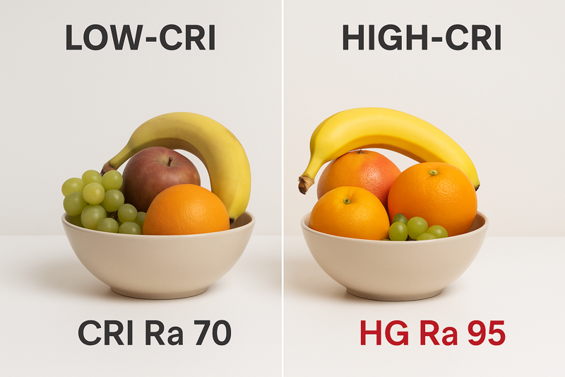 A side-by-side comparison. The left side shows a bowl of fruit under a low-CRI light, where the colors are washed out and muddy. The right side shows the same bowl under a high-CRI light, with vibrant, rich, and true-to-life colors