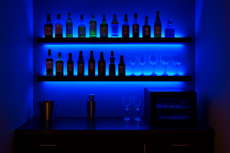 A dynamic home bar with shelves lit up in a deep, saturated blue light, creating an energetic and fun atmosphere.