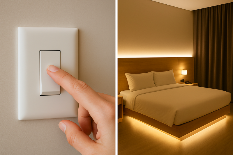 A clean, modern hotel room where warm white LED strips behind the headboard and under the bed turn on and off with a single master wall switch.