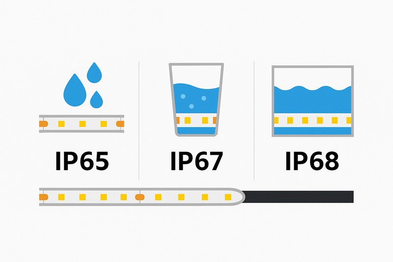 A clear infographic showing the difference: a water splash on an IP65 strip, a temporary dunk on an IP67 strip, and a strip fully submerged at the bottom of a tank for IP68
