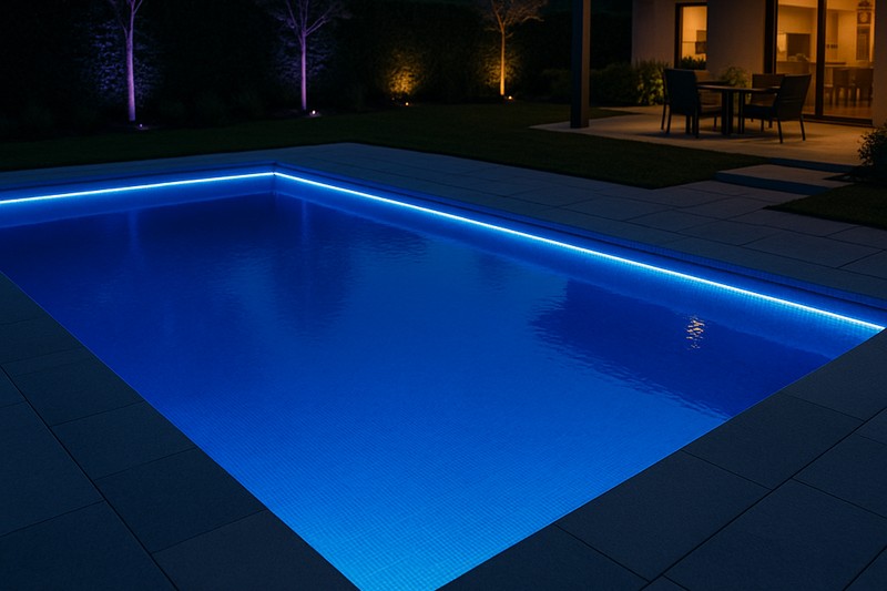 A luxurious swimming pool at dusk, with the underwater perimeter flawlessly illuminated by a bright, continuous line of IP68 LED strip light