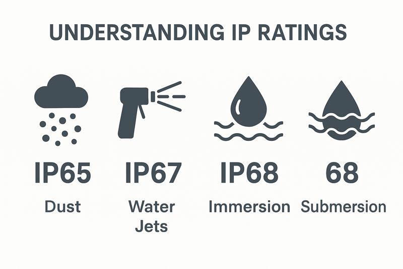 A simple, clear infographic visually explaining the IP rating system with icons for dust, water jets, immersion, and submersion, and corresponding numbers like 65, 67, and 68.