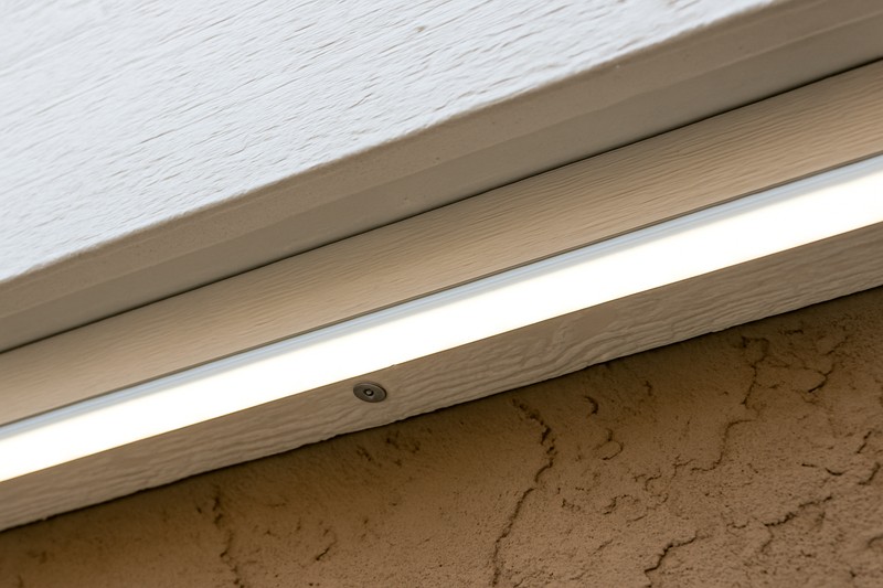 A close-up of an LED strip neatly tucked inside a frosted-cover aluminum channel, which is securely screwed onto the eave of a house