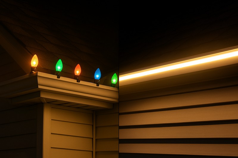 A side-by-side comparison: a roofline with old, spotty C9 bulbs vs. a roofline with a smooth, bright, continuous glow from an LED strip