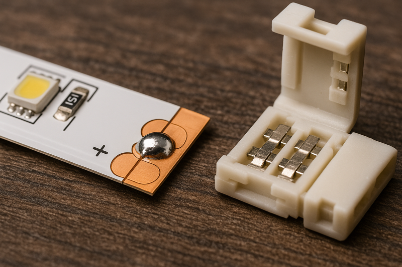 A close-up shot of a perfect soldered joint on an LED strip's copper pads, shiny and clean, next to a bulky and unreliable-looking solderless clip connector.
