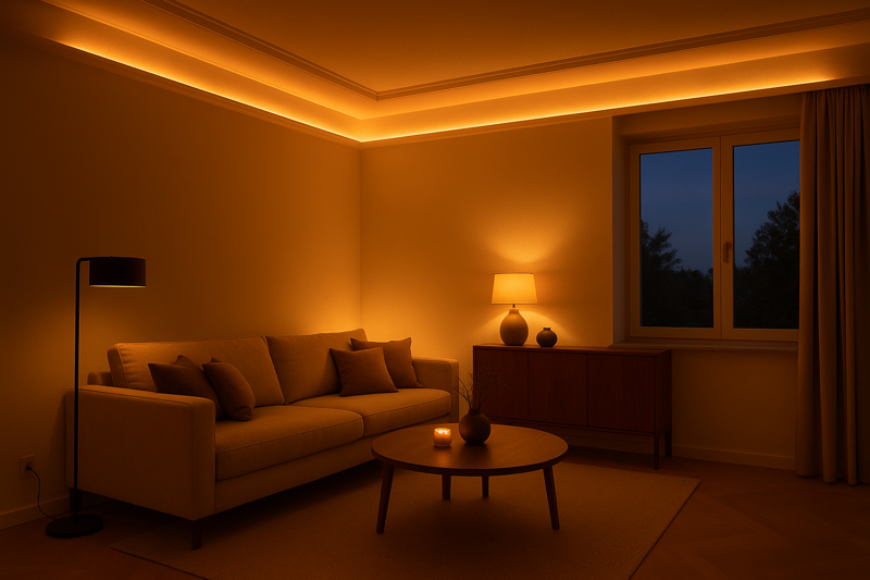 A cozy and luxurious living room at dusk, with a warm, perfectly smooth line of light coming from a ceiling cove, creating a relaxing ambiance.