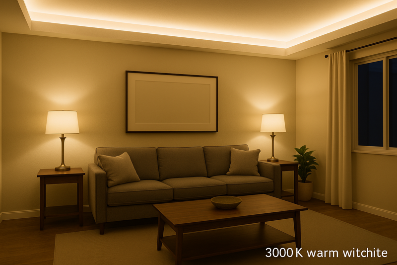 A living room cove lit with a perfect, clean 3000K warm white light, demonstrating the functional aspect of an RGBW strip.