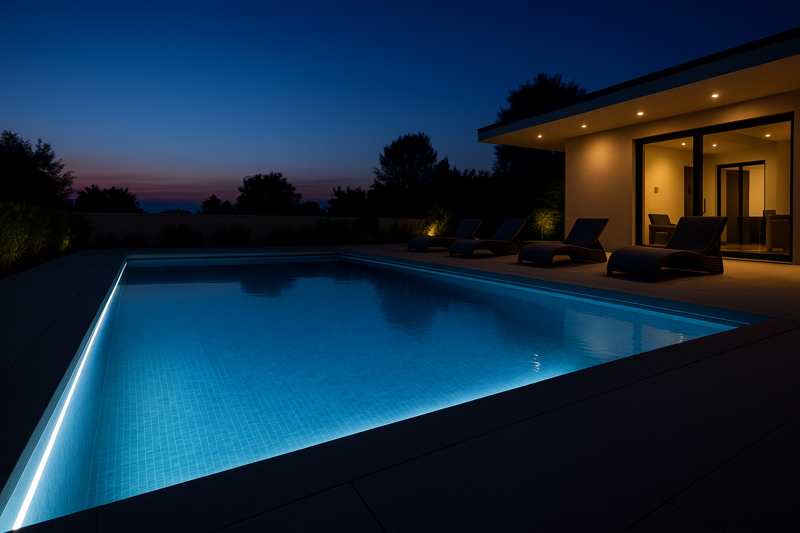A stunning shot of a modern swimming pool at twilight, with a flawless, bright line of IP68 LED strip lighting illuminating the submerged edge, creating a luxurious and safe ambiance
