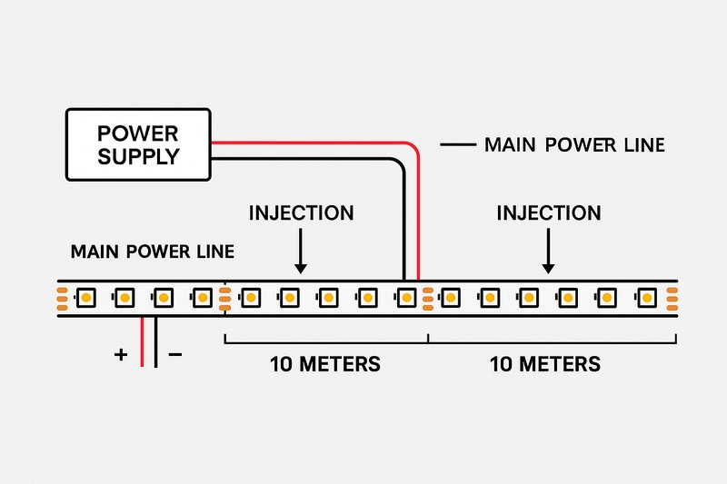 A clear diagram showing a power supply with a main power line running parallel to a long LED strip, with 'injection' points tapping into the strip every 10 meters
