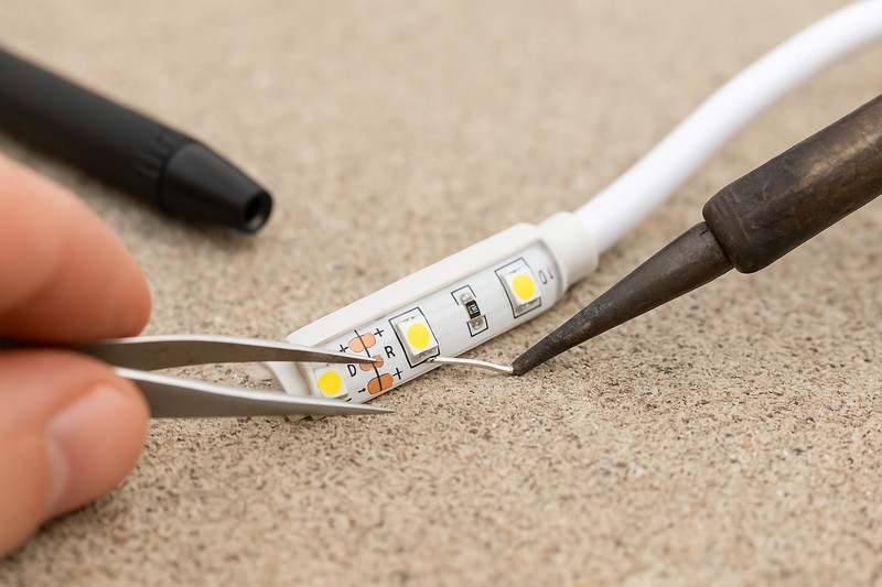 A close-up photo showing a clean, precise soldering repair being performed on an outdoor LED strip with proper tools.