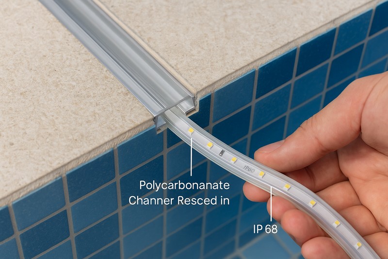 A close-up shot showing an IP68 LED strip being snapped into a clear polycarbonate channel that is recessed flush with the pool tiles