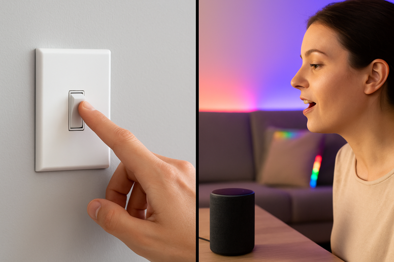 An image split down the middle. On the left, a hand is flipping a simple wall switch for a regular LED strip. On the right, a person is speaking to a smart speaker, and a smart LED strip in the background changes color