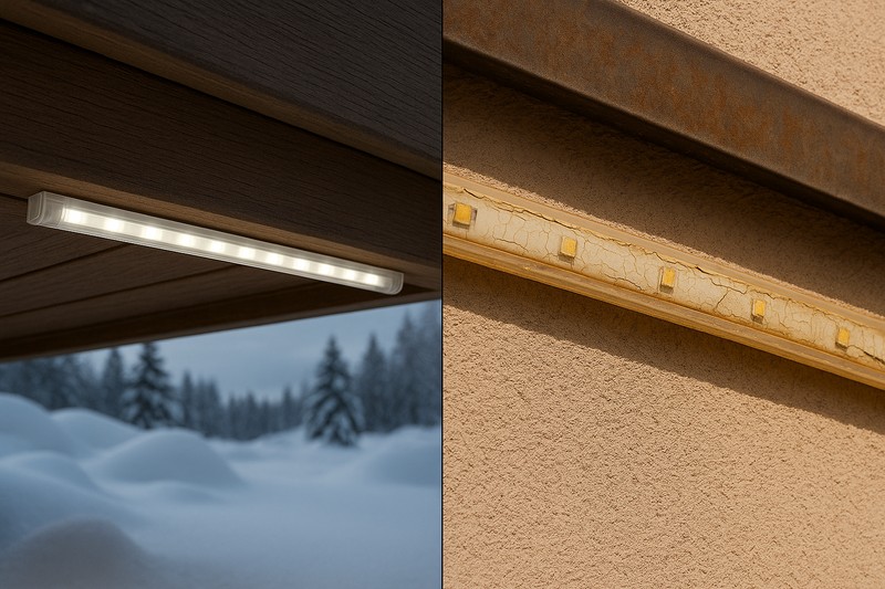 A perfectly installed LED strip under a deck in a snowy environment, contrasted with a yellowed, cracked strip failing in the sun