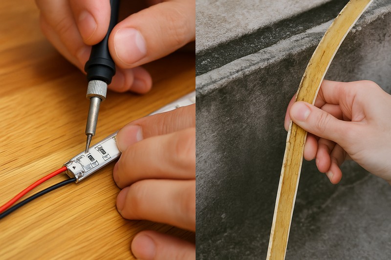 A split image: on the left, a technician carefully repairs a single solder joint; on the right, a hand is ripping out a long, yellowed, and failing LED strip