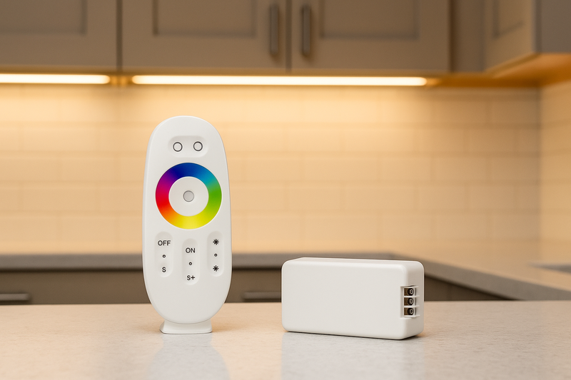 A clean product shot of a stylish and minimalist RF remote control and its corresponding receiver, sitting on a kitchen countertop next to beautifully lit cabinets.