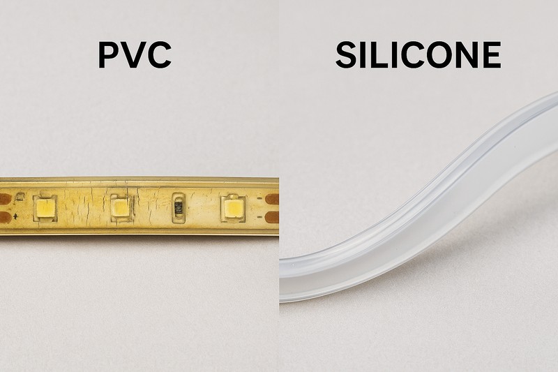 A split image: the left shows a yellowed, cracked PVC-coated strip, while the right shows a crystal clear, flexible silicone-encased IP68 strip