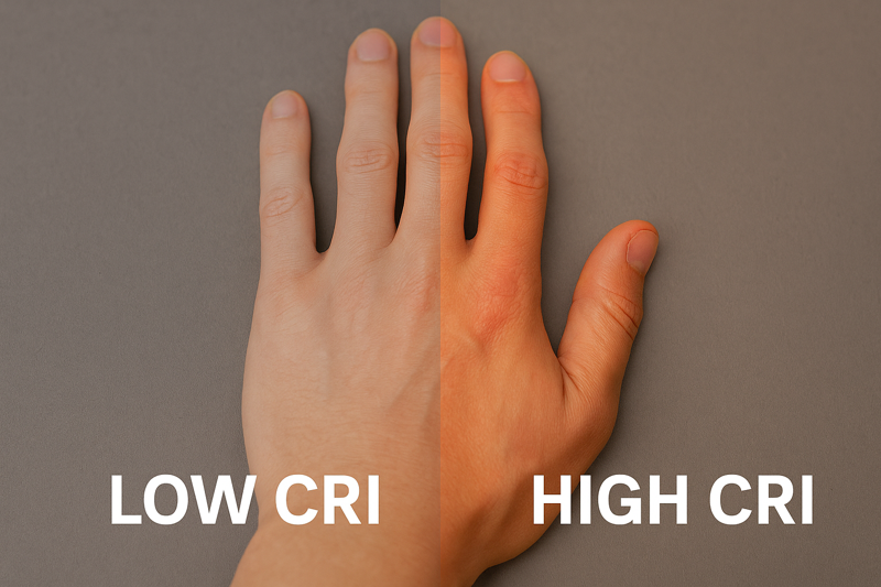 A close-up shot of a human hand. The left half is under low CRI light, appearing pale and sallow. The right half is under high CRI light, showing healthy, natural skin tones with rich color depth.