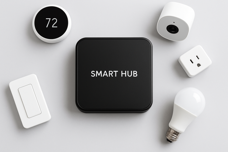 A product shot showing a sleek, professional-looking smart hub like a Hubitat or Homey Pro, positioned centrally among various smart devices it can control.