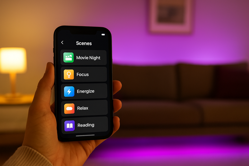 A user's smartphone screen showing a lighting app with colorful scenes like 