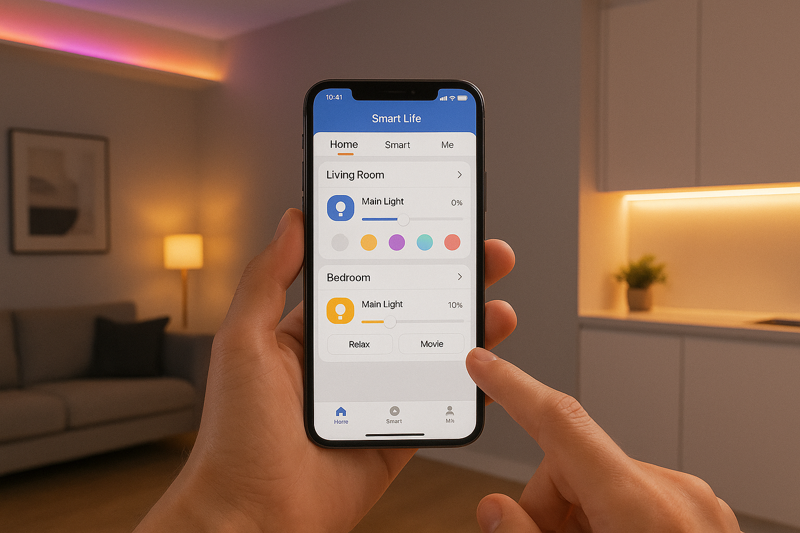 A smartphone screen showing the clean, intuitive user interface of a popular smart lighting app like Tuya Smart Life, controlling multiple rooms and scenes.