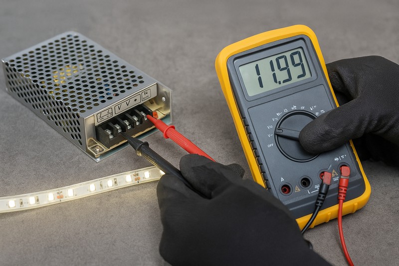 A technician is shown using a multimeter to test the voltage output directly at the terminals of an LED power supply