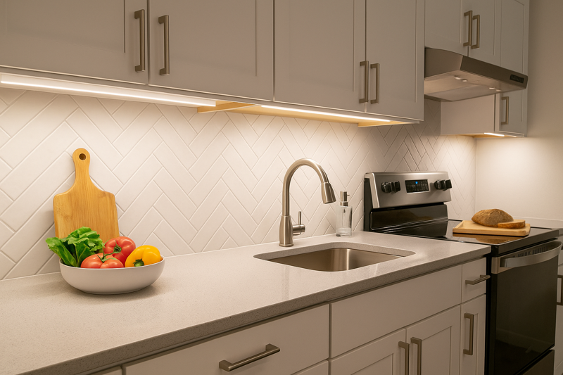 A stunning modern kitchen with bright, clean light under the cabinets, illuminating the countertop and making the food prep area vibrant.
