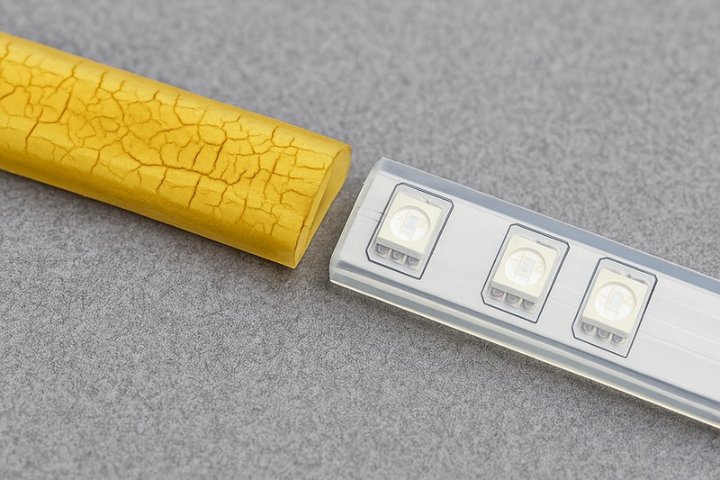 A side-by-side comparison photo of a yellow, cracked PVC strip next to a perfectly clear, flexible silicone strip after UV exposure testing