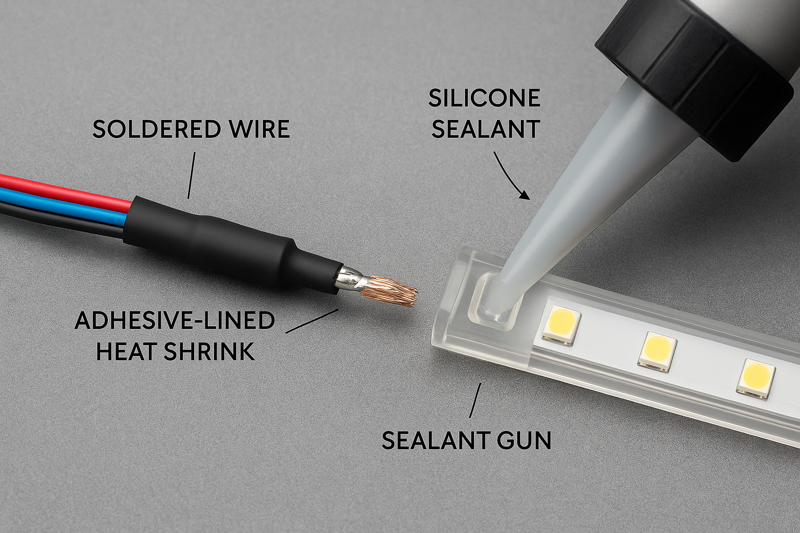 A close-up shot of a perfect waterproof connection being made. Shows a soldered wire, covered by adhesive-lined heat shrink, with a silicone sealant gun injecting sealant into the end cap.