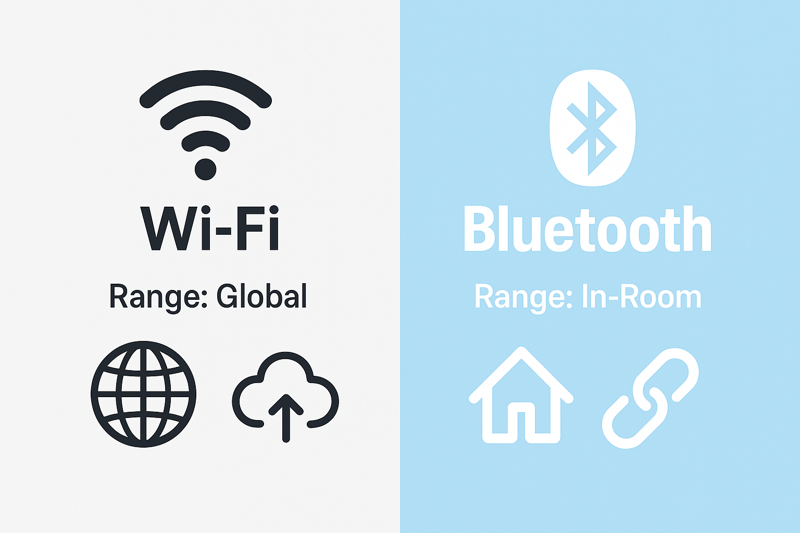 A clear infographic comparing the WiFi and Bluetooth logos, with simple icons underneath each one showing key features like 'Range: In-Room' for Bluetooth and 'Range: Global' for WiFi.