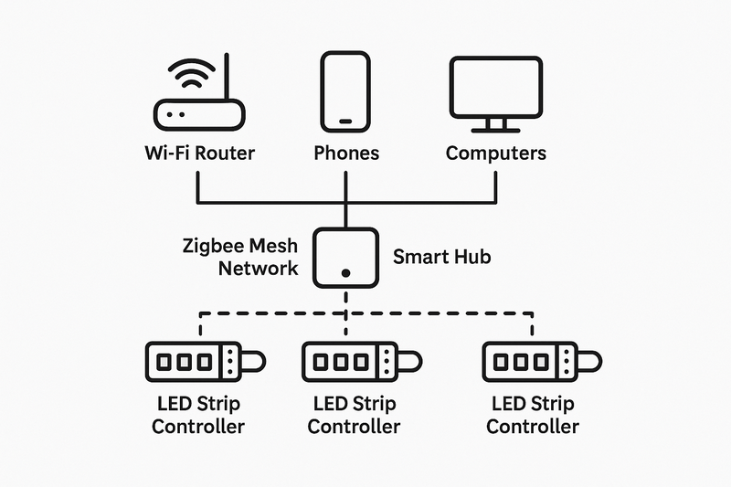 A diagram showing a smart hub connected to a WiFi router. The hub then communicates via a separate Zigbee mesh network to numerous LED strip controllers, while the router only has to manage phones and computers.