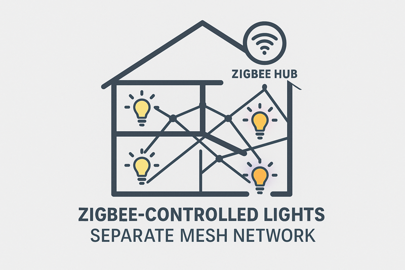 An illustration of a house with Zigbee-controlled lights. It shows a central Zigbee hub and lines connecting all the light controllers together, forming a separate, robust mesh network.