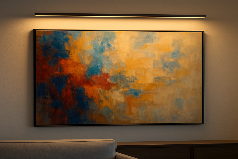 A large piece of abstract art on a wall, perfectly illuminated by a hidden LED strip from above, making the colors look vibrant.