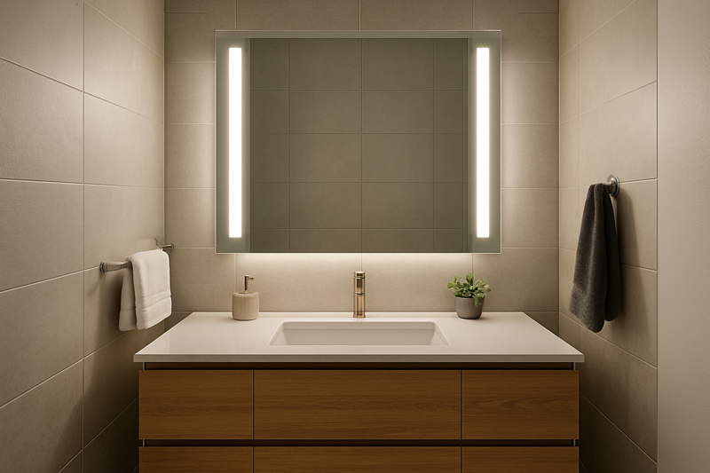 A modern bathroom with a mirror that has vertical LED strips integrated into it, providing perfect, shadowless vanity lighting.