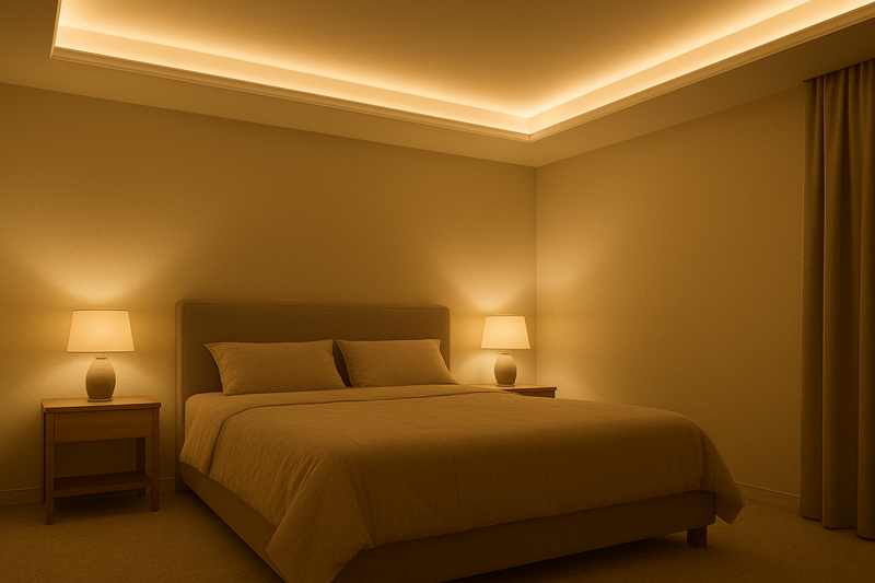 A minimalist bedroom with a tray ceiling, where a hidden warm white LED strip provides a soft, enveloping glow for the entire room.