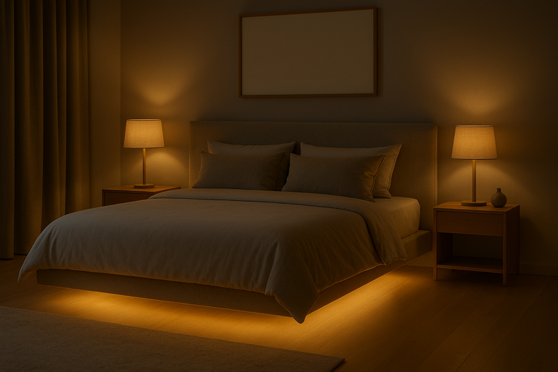 A serene bedroom at night with a bed that appears to be floating on a cloud of warm, soft light from a hidden LED strip.