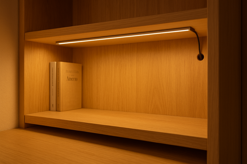 A beautiful, clean installation in a bookshelf where the LED strip is in a channel and the power wire is invisibly drilled through the back of a shelf.