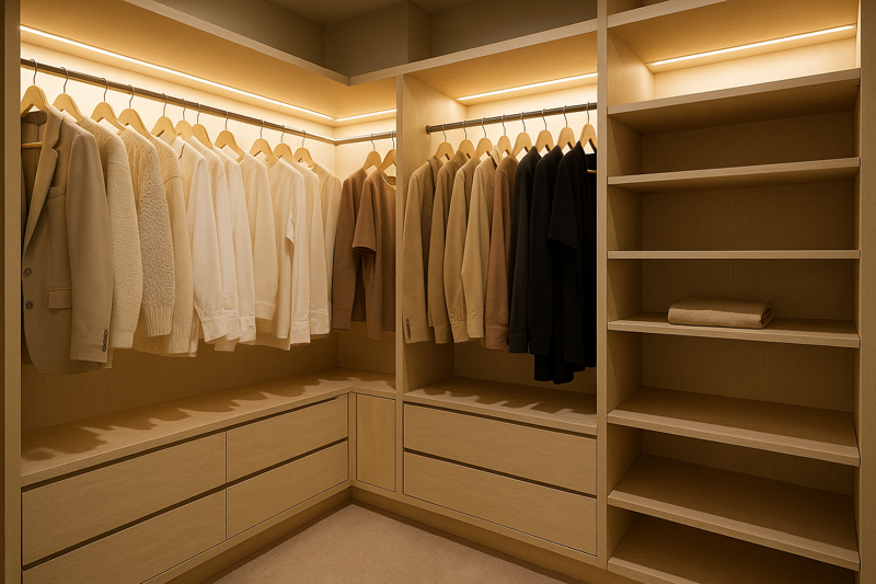 A walk-in closet with integrated LED strips above the clothing rods, illuminating the garments perfectly and making colors easy to discern.
