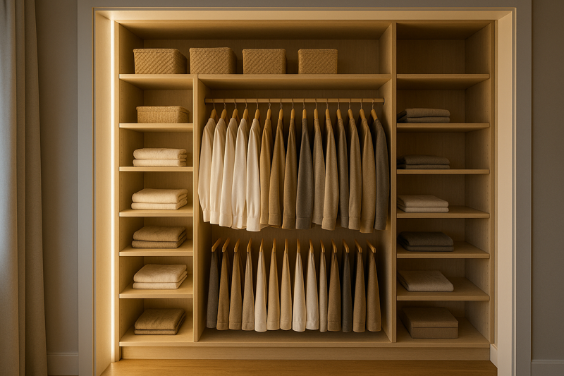 A well-organized walk-in closet where a vertical LED strip illuminates every shelf and all the hanging clothes with clean, natural-looking light.