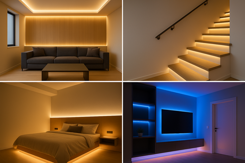 A beautiful collage of photos showcasing various creative uses of LED strips in a modern home.