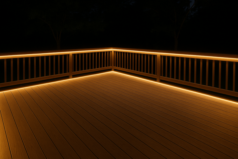 A beautiful wooden deck at night, with warm LED strips under the handrails and around the perimeter, creating a safe and inviting atmosphere.