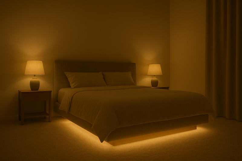 A serene bedroom at night where the bed appears to be floating on a soft cloud of warm white light from a hidden LED strip.