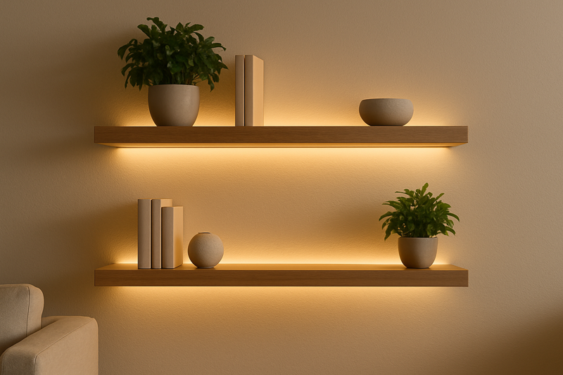 Minimalist floating shelves in a living room, each with a hidden LED strip casting a warm glow on the wall behind them.